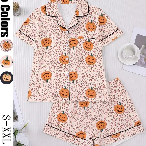 Halloween Pumpkin Women's Collared Pajama Set, Short Sleeve Button Front Top and Elastic Shorts, Comfortable Home Wear, Festive Party Loungewear, Fall Pajama Sets, Sleepwear Outfits