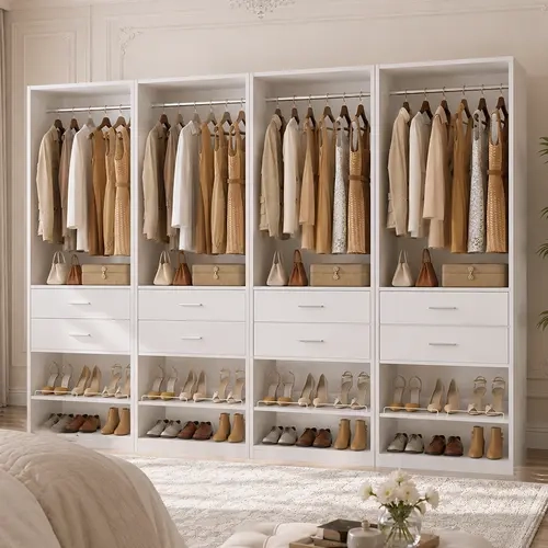 Cyclysio 25" Modern Closet Organizer Tower - Engineered Wood Unit with Deep Drawer Hide, Adjustable Shoe Rack-Shelf, Reversible Modular Freestanding Design, Hanging Rod, White, Space-Saving for Small Closets, 80" Extra Tall, Get Organized