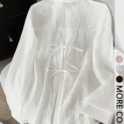 Women's Lightweight Lace Trim Tie Butterfly Knot Semi-Transparent Layered Button Shirt, Perfect for Spring, Summer, Fall Button Blouse Shirts