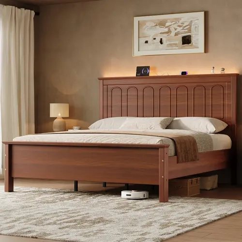 Belffin Queen Size Mid-Century Modern Heavy Duty Wood Platform Bed Frame - Bedroom Furniture Wooden Bedframe with Headboard, 6 Metal Legs, Built-In Charge Ports, LED Light, 800-Pound Solid Wood Slat Support, No Box Spring Needed, Easy Assembly, Warm Brown