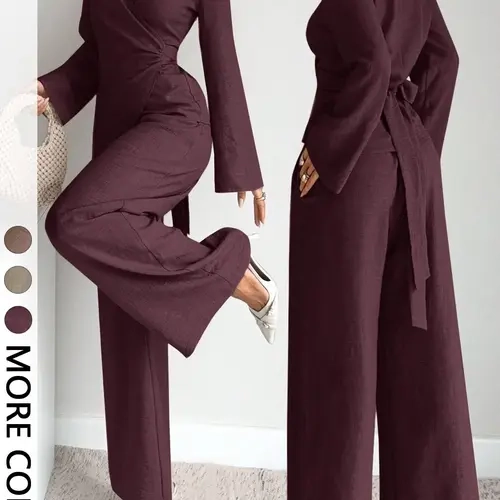 Elegant Women's 2-Piece Set, Plain Color Layered Neck Crop Shirt with Bell Sleeve, Long Pants, Fall Winter for Parties, Going Out Sets