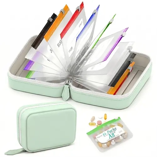A8 Waterproof Pill Organizer Set with 14 Color-Coded Refillable Reusable Medicine Pouches, Large 2-Week Travel Zipper Case, Portable Storage Bag for Fish Oil, Medication, Refillable Pouches
