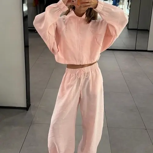 Women's Tracksuit 2 Pieces Sets Summer Women's Suit Stand Collar Zip Up Cropped Jacket Elegant Female Sets Drawstring Wide Leg Flowy Pants Wrinkle Loose Relaxed Fit Y2K  Vacation Two Piece Sets Casual Sporty Set Casual Sportswear Outfit