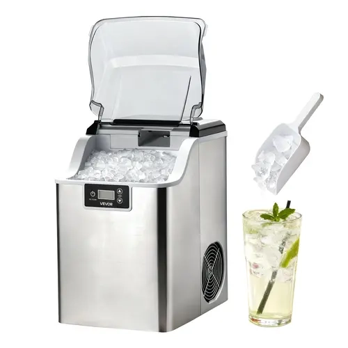 VEVOR Compact Countertop Chewable Nugget Ice Maker, 44lbs/day High-Efficiency, 1.8L Capacity, 4lbs Storage Basket, Self-Cleaning, Timer, Below 55dB, 9.45x12.99x15.35 in, Portable with Ice Scoop for Home Kitchen