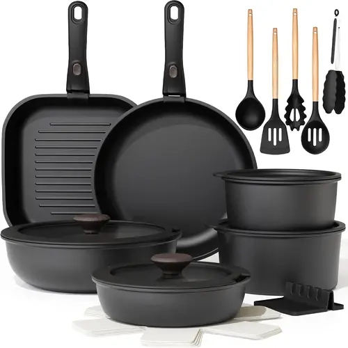 Astercook 22-Pcs Nonstick Granite Coating Pots and Pans Set - Durable Aluminum Body, Detachable Handles, Lids Included, Induction & Ceramic Stove Compatible, Oven Safe, Less Oil Cooking, Compact Storage for Apartments, Kitchens & Camping