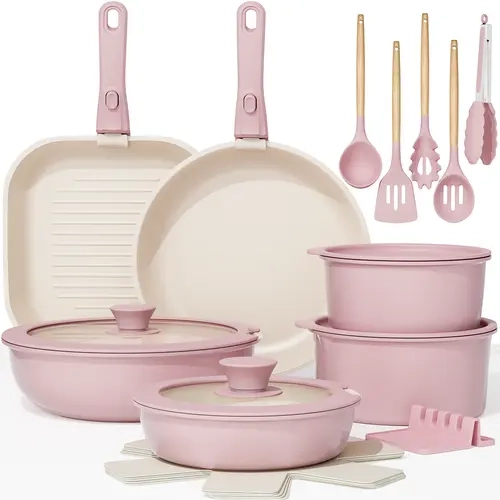 Astercook 22-Pc Compact Aluminium Ceramic Nonstick Cookware Set - PFOA-Free (Perfluorooctanoic Acid), Induction/Gas/Elec Compatible, with Lids, Detachable Handle, Frying Pans, 22-Pc Meal Coverage, for Daily Use, RV Kitchen Cooking Set
