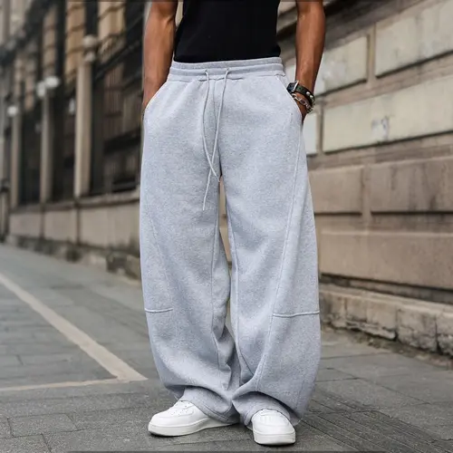 Men's High-Waisted Polyester Casual Athletic Relaxed Street Joggers - Wide-Leg Loose Fit Sweatpants with Side Pockets, Elastic Drawstring, Simple Curved Seams, Breathable Smooth All Seasons Trousers for Casual Days, Casual Athletic Joggers