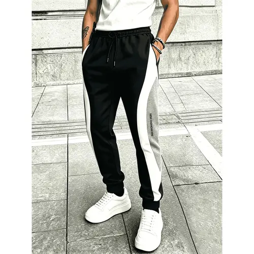 Men's Colorblock Adjustable Drawstring Full-Length Sweatpants - Polyester Athleisure Gym Run Wear, Curved Stripes, Black White Grey Side Stripe Letter Print, Tapered Cuff, Side Pockets, Breathable Soft Loose Fit, Casual All Seasons (Men's Bottoms)