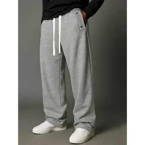 Male Wide Leg Straight Sweatpants - Elastic Waistband, Side Snap Button Cargo Pockets, Drawstring, Relaxed Fit Minimalist Streetwear Jogger Trousers, Soft Lightweight Casual All Seasons Pants for Gym, Daily Wear