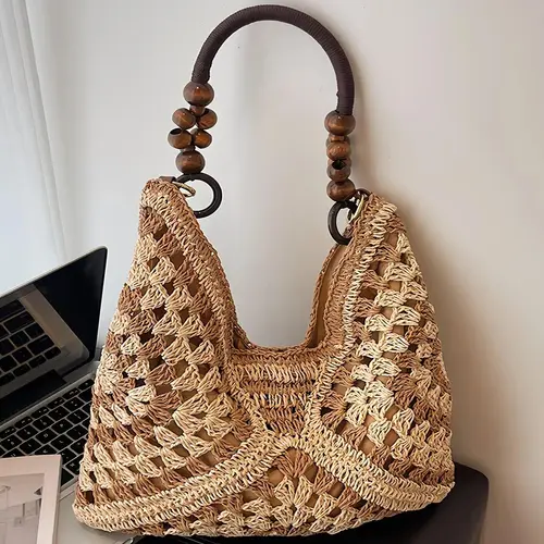 Women's Cute Handmade Crochet Straw Nylon Tote - Casual Crossbody Bags with Adjustable Handwoven Design, Zipper, Crochet Straw Feels Airy and Light, Handmade Details Unique Summer Beach Gym Accessory