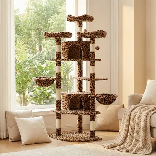 MUTICOR 73" Leopard Print Fan-Shaped Corner Cat Tree, Space-Saving Multi-Level Cat Tower with Sisal Scratching Posts, Condos, Baskets & Perches for Indoor Cats