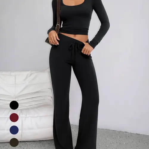 Tournesol Women's Soft Lounge Set U Neck Long Sleeve Top & Drawstring Wide Leg Pants 2 Piece Outfit 036