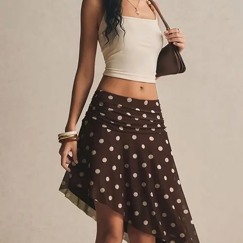 Women's Polka Dot Mesh Asymmetric Midi Skirt, Ruched Waist Handkerchief Hem Wrap Dress, Y2K Boho Style, Summer Casual Fit, Casual Elegant Skirt