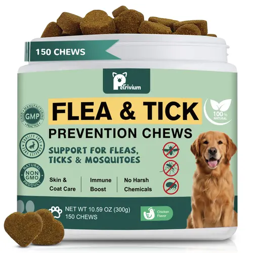 Petrivium Dog Flea & Tick Support Chewables - 150 Chemical-Free Natural Chicken-Flavored Oral Supplements, Rosemary Infused, Skin/Coat Boost, 24-Month All-Round Daily Support for All Dog Breeds & Sizes