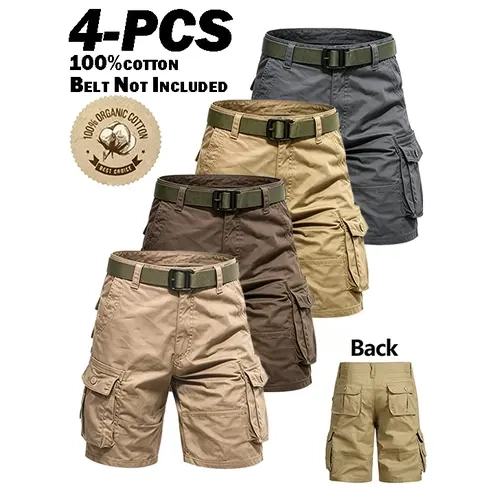 Men's 4-PCS 100% Cotton Vintage Retro Mid-Rise Loose Fit Cargo Shorts, Straight Knee Chino Bottoms, Soft Breathable Cloth Light Solid Color, Multiple Pockets, for Hiking/Light Outdoor Daily Wear Casual Fabric