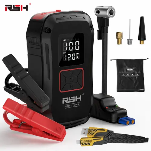RSH Portable 12V Automotive Cordless Car Jump Starter with 4000A Lithium Ion Batteries, 150PSI Fast Tire Inflator, 12000mAh Power Bank, LED Light - Automotive Car Accessories Interior Escape Tool