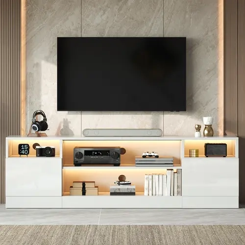 AMERLIFE 70" LED TV Stand for TVs up to 80", Modern Entertainment Center with Storage Cabinets & Open Shelves, TV Console with High-Gloss Doors for Living Room, Bedroom[TikTokShopFallDealsForYou]