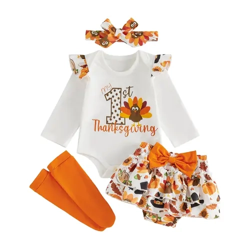 Infant Baby Girls Thanksgiving Outfits Turkey Letter Print Long Sleeve Jumpsuit and Skort Socks Headband Set 0-18 Months