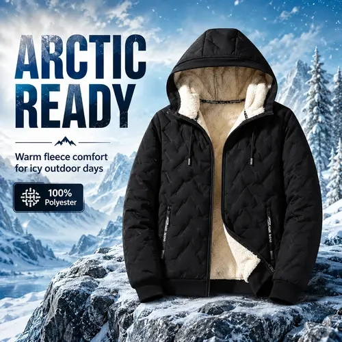 Men's Casual Plain Winter Jacket - Warm Fleece-Lined, Regular-Fit Polyester Pull-On Coat for Cold Weather Outdoor Wear Hooded jacket, zipper jacket