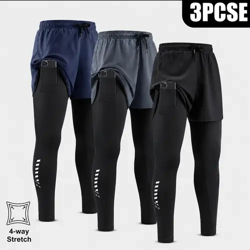 Men's 2 in 1 Running Shorts with Compression Leggings  Stretch Workout Pants Phone Pocket Towel Loop Athletic Gym Tights Training Jogging Basketball Track Pants Lightweight Breathable Sports Activewear Casual Black Grey Navy durable outdoor training pant