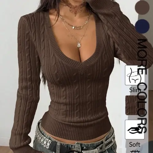 Elegant V-Neck Cable Knit Sweater for Women, Fall Winter New Arrival, Soft and Stylish, Slim Fit, Casual and Fashionable, Versatile Knitted Top, Knitwear