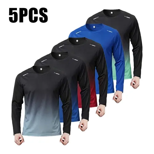 Men's 5-Pack Gradient Crew Neck Long-Sleeve Workout Set, Lightweight Quick-Dry Athletic Casual Cooling Moisture-Wick T-Shirts, Breathable Gym Apparel for Fitness Training & All Seasons