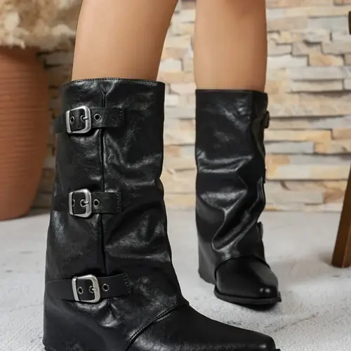Women's Folded Soft Leather Mid-Calf Western Cowboy Boots, Adjustable Buckles, Pointed Toe, Low Heel, Vintage Leggings Boots, Footwear Boot