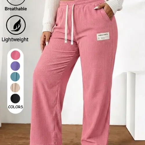 Women's High-Waisted Corduroy Bottoms - Baggy Straight Trouser, Elastic Drawstring, Breathable Polyester, Comfortable Fit, Casual Day Outdoor Back-to-School Pants