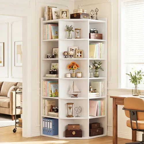7-Tier L-Shaped Corner Bookshelf with Baffle - Wooden Cubby Display Cabinet, Open Storage Shelving for Small Spaces, Stable Tall Bookcase with Wall Anchor Secure, Anti-Tip Feet for Books & Toy Organization