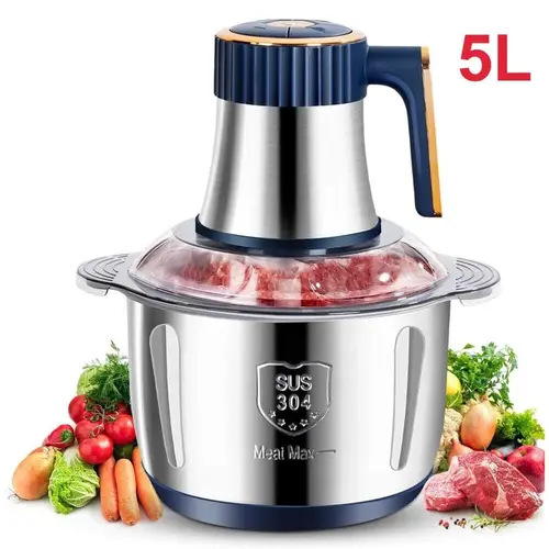 5L Large Capacity Durable Stainless Steel Meat Mincer - 500W High-Power Multifunctional Food Processor with 5-Speed Gear Regulation, Push Button, Transparent Cover, Noodle Making, Chopping, Grinding, Meat Chopper for Ground Beef