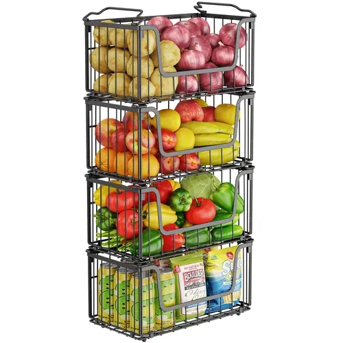 MSERCUOR 4-Pack Stackable Wire Mesh Home Organizer Baskets, Foldable Heavy Duty Storage, Durable Space Saving Organizers with Snap-Together Design, 15.1(L)×8(W)×7(H)in for Kitchen, Bathroom Storage Needs