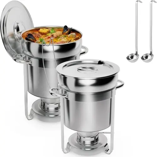 ROVSUN 7/11QT Soup Chafer for Buffet 2 Pack,100% Pre-Installed Stainless Steel Soup Warmer with Upgraded Lid Holder & Ladle,Soup Chafing Dish Catering Marmite for Parties Buffet Wedding Event