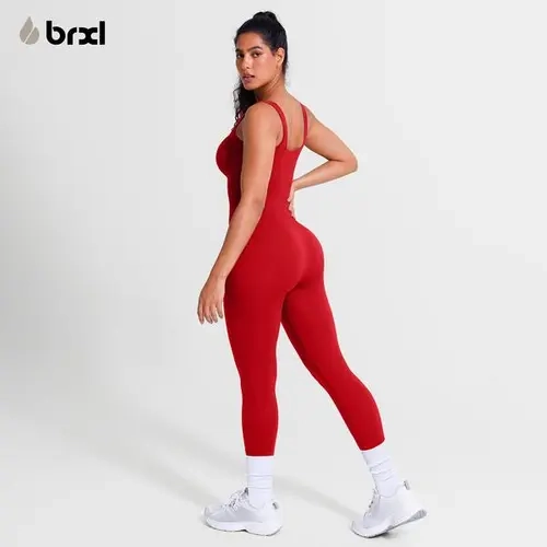 BRXL  【Discount for live】Women's Square Neck Ribbed Sporty Chic Fit Jumpsuit - Plain 1-Piece Fitted Activewear, Stretch Fabric, Skin-friendly Seamless Full Length, Tummy Control, Built-in Bra, Breathable Yoga Fitness Wear (Live Discount Available)
