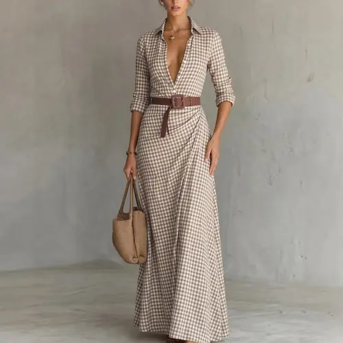 LikeMyChoice 2026 Women Gingham Linen Maxi Shirt Dress Belted Wrap Flowy Summer Beach Long Sundress.