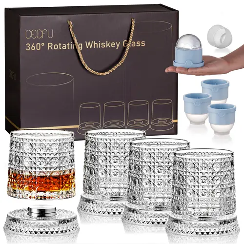 Diamond & Snowflake Whiskey Glass Set (2-Pack/4-Pack) - 9.57oz (280ml) Diamond Cut Rotating Tumblers, Rotating Base, 4 Ice Ball Molds, Gift Box, 360° Spin for Cold Drinks, Unique Cool Birthday Gifts for Him Adults, Stress Relief Home Bar Drinkware
