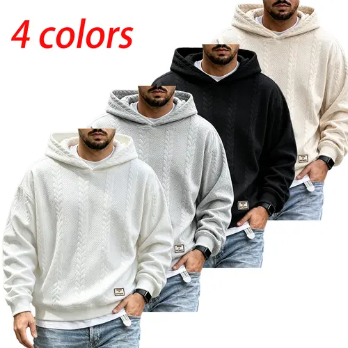 Men's Plain Preppy Drop-Shoulder Pullover Hoodie - Textured Jacquard Weave Fabric, Long-Sleeve, Medium Length, All-Season, Casual Pull-On Drop Style Menswear for New Year Outdoor Use, XL, Drop Style Men's Hoodies