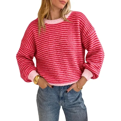 Cicy Bell Womens Striped Sweater Casual Loose Fit Color Block Knit Pullover Sweaters Crewneck Long Sleeve Tops