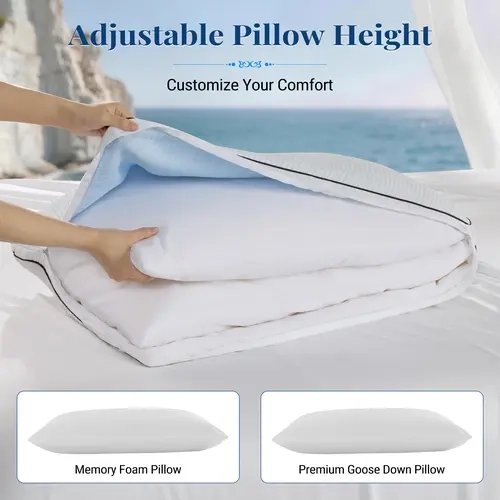 White Goose Down Cooling Sleep Pillow - Hotel Luxury Bedding, Dual Down & Memory Foam Fill, Adjustable Loft, Anti-Allergic, Anti-Dust Mite, Breathable, Ergonomic Neck Support, Skin-Friendly, Machine Washable, Flat Weave for Side/Back Sleepers
