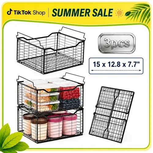 Deep Freezer Organizer Bins (15x12.8x7.7 in) - 3/6 Pack Large Capacity Stackable Household Chest Freezer Baskets with Compartments, Easy-Access Kitchen/Bathroom Storage for Meat, Fruit & Frozen Items, Black