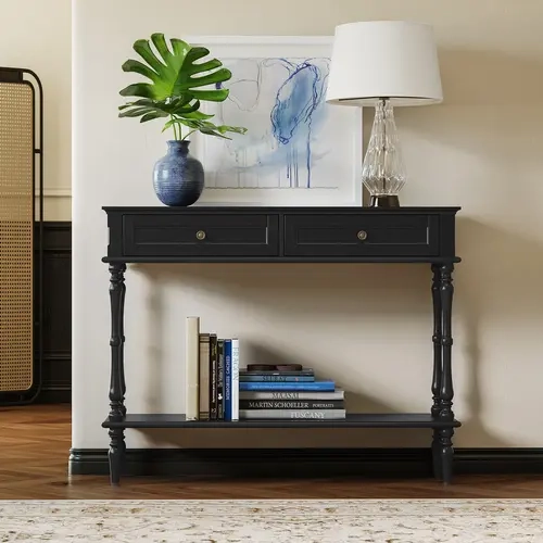 【Fall Deals】HLR Farmhouse Entryway Accent Table - 40" W×11.4" D×30.7" H, Simple Rectangle Wood Grain Top, Drawers, Open Shelf, Turned Legs, Hidden Storage, Console Table for Small Spaces, Hallway, Sofa Side, Bedrooms