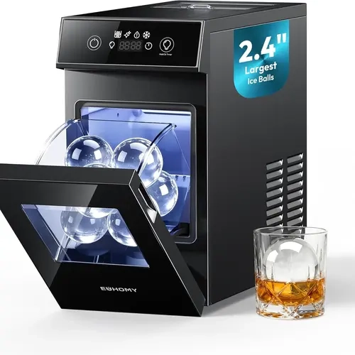 EUHOMY Countertop Icemaker - 14.3x6.9x13" Crystal-Clear Ice Sphere Machine, 2.4" Balls, 2 Spheres in 60 Mins, 48 Pcs Daily Output, 8-Hour Programmable Timer, Self-Cleaning, Novelty Shaped Ice Cubes, Ideal for Whiskey, Reliable Support