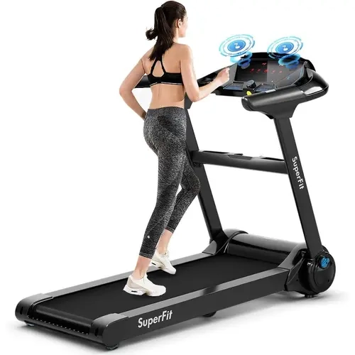 Costway Folding Treadmill, 0.6-7.5MPH Compact Superfit Treadmill with APP Control, Blue Tooth Speaker, 12 Preset Programs, LED Display and Device Holder, Walking Running Machine for Home Office