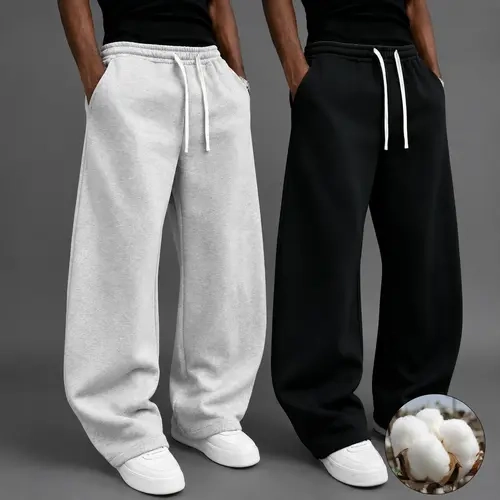 Men's Premium Cotton Baggy Sweats - Menswear Wide-Leg Curved Seam Paneling Drawstring Athleisure Style Pants, Preppy Casual Lounge Trousers, Street Wear Soft Cozy Fleece Bottoms for Daily Outfits everyday, Baggy Sweatpants, Men's Pants, Wide-Leg Pants