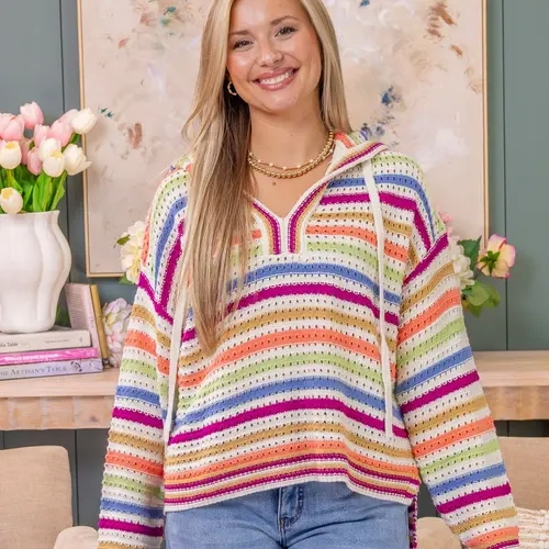 Women's Long Sleeve Casual Knitting Tops - Lightweight Striped Drawstring Pullover by DD Design, S-3XL