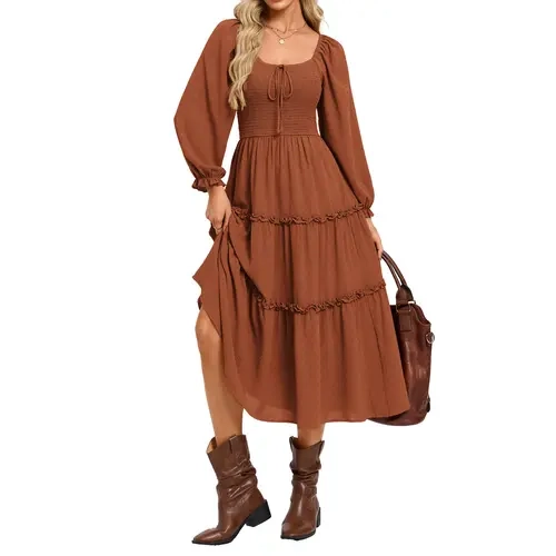 Grace Karin Pockets Boho Vintage Tiered Ruffle Long Sleeve Maxi Dress, Square Neck Flowy Chiffon, Fall Winter Casual Beach for Women