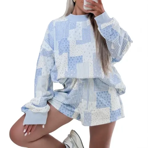 Asvivid Women Spring Fall Cozy Floral Patchwork Loungewear Two Piece Set Relaxed Drop Shoulder Ribbed Neck Long Sleeve Pullover Elastic Drawstring Shorts Casual Daily Matching Outfit Womenswear