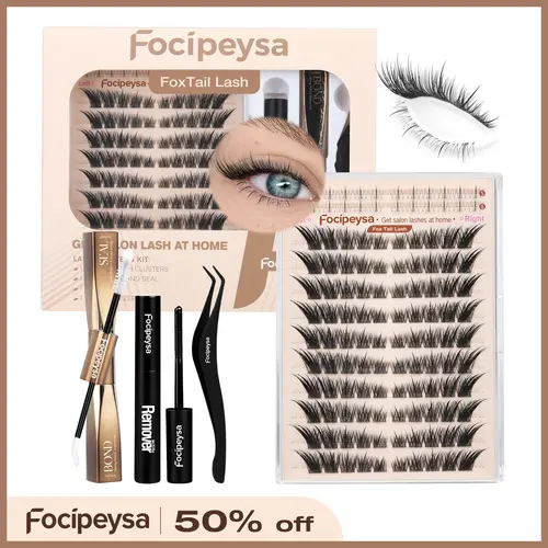 Focipeysa Fox Eye Eyelash Clusters Kit, LC Curl Foxtail Lash Clusters (10-18mm, 0.07mm Thick) - Foxeye Dramatic Lashes, Waterproof, Humidity Resistant, Ultra-Dense, All-Day Hold, Beginner-Friendly for Daily Makeup
