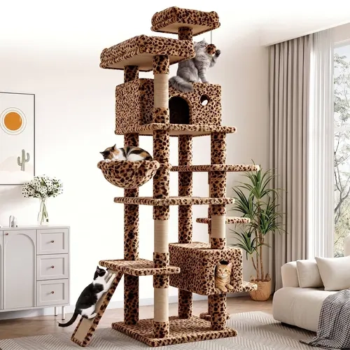 SHA CERLIN 82-Inch Modern Leopard Print Plush Cat Tree Tower - Heavy-Duty Wobble-Free Anti-Topple Base with Anti-Topple Strap, 3 High Platforms, Scratch Post, Plush Condo, Deep Basket Hammock, 2 Toy Balls for Indoor Large Cats, Cloud-Soft Naps, Home Decor