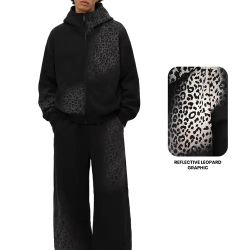 FDR Reflective Leopard Print Zip-Up Hoodie & Barrel Leg Sweatpants Set, Stand Collar Soft Fleece Heavyweight Women's Oversized Two-Piece Outfit, Baggy Wide Leg Y2K Streetwear Tracksuit for Casual Everyday Wear