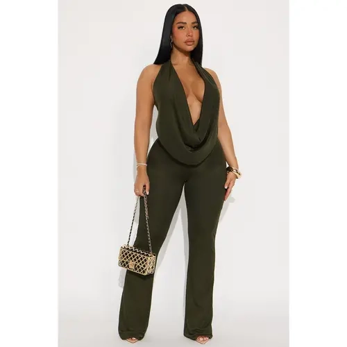 Shayna Cowl Halter Mesh Pant Set - Olive